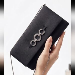 Elegant Black Satin Evening Silver-Triple Ring Rectangle Clutch Purse